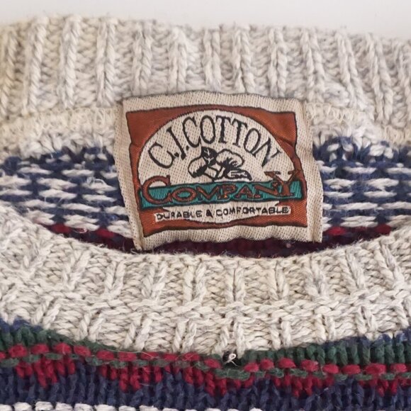 VTG CJ Cotton Navy Green 3D Biggie Cottagecore Eclectic Crewneck Knit Sweater XL - Picture 9 of 9